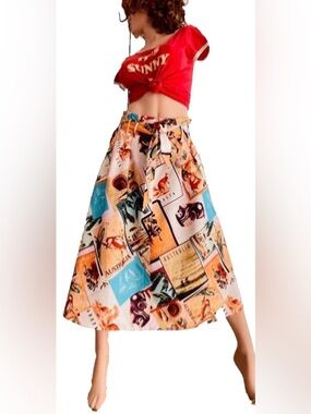 AUSTRALIAN Postcard PHOTO Print MIDI Skirt Large NWT